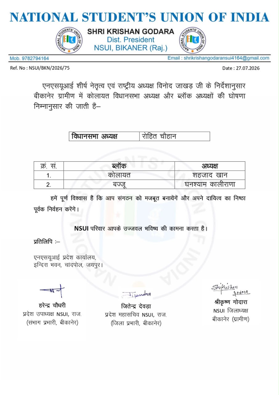 एनएसयूआई का बीकानेर ग्रामीण में संगठन विस्तार, कोलायत-बज्जू सहित तीन महाविद्यालयों की कार्यकारिणी घोषित